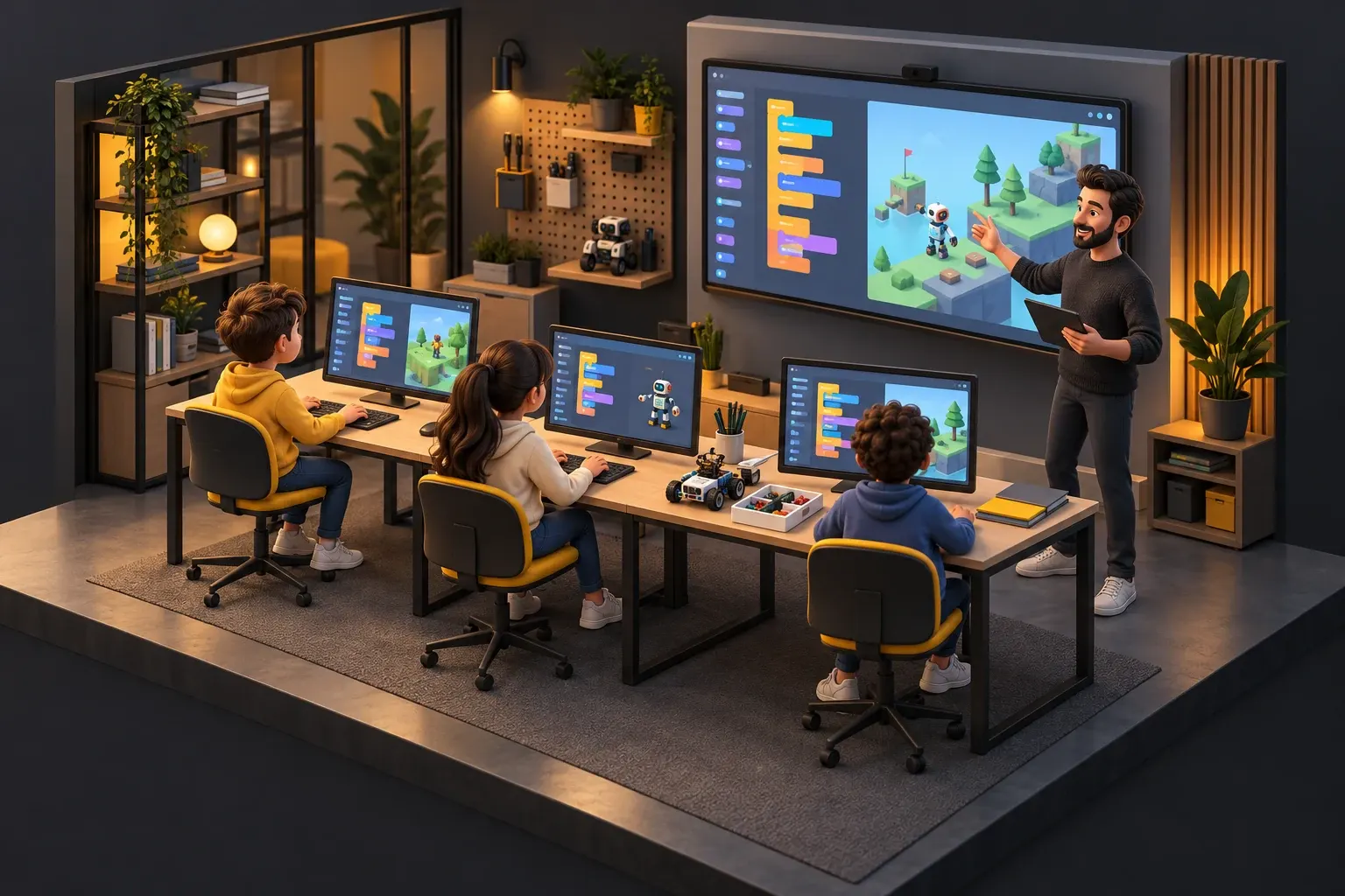 Çocuklar Kodluyor için temsili 3D kodlama sınıfı: bilgisayarlarda çalışan öğrenciler, öğretmen, eğitim ekranı ve robotik çalışma masası