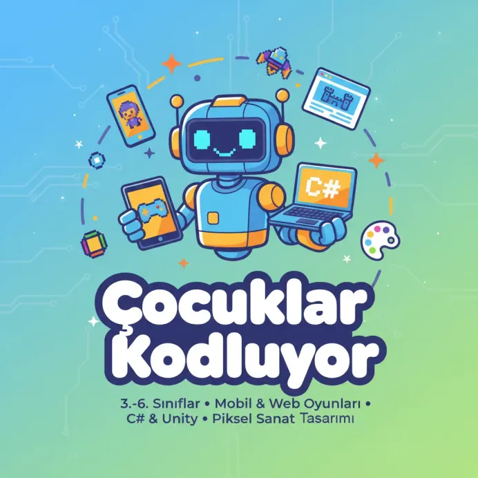 Çocuklar Kodluyor; robot karakteri, oyun geliştirme ve kodlama temalı marka görseli